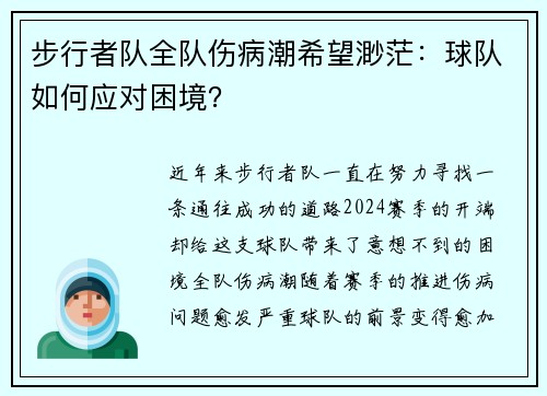 步行者队全队伤病潮希望渺茫：球队如何应对困境？