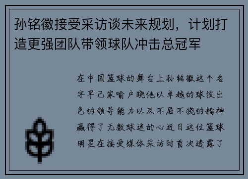 孙铭徽接受采访谈未来规划，计划打造更强团队带领球队冲击总冠军