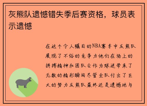 灰熊队遗憾错失季后赛资格，球员表示遗憾
